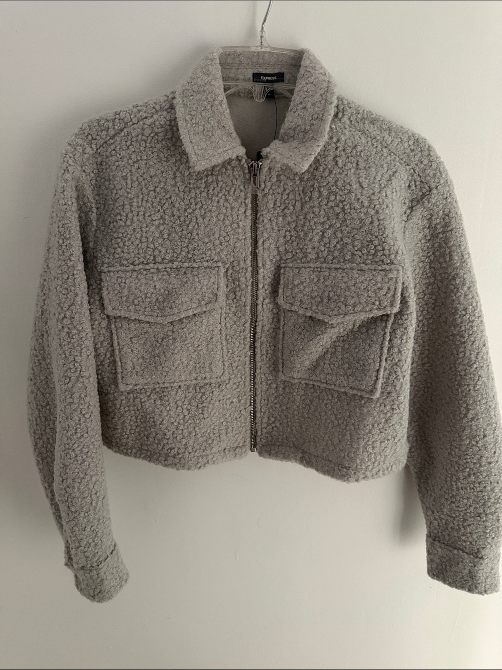 Express Light Gray Teddy Bouclé Zip-Front Cropped Jacket, NWT Size XS